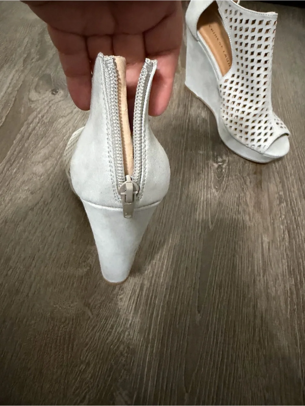 Chase + Chloe Gray Perforated Peep-Toe Wedge Sandals size 8